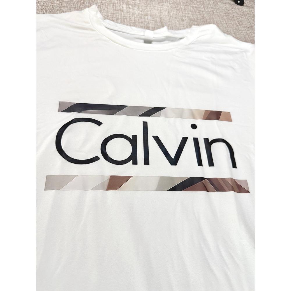 Calvin White Graphic Logo T-Shirt Mens XL Short Sleeve Polyester Crewneck Tee - Picture 2 of 7